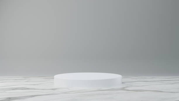 istock White product stand on white marble background. Abstract minimal geometry concept. Studio podium platform theme. Exhibition and business marketing presentation stage. 3D illustration rendering graphic 1215449691