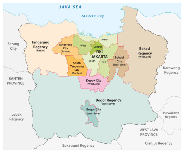 illustrations, cliparts, dessins animés et icônes de carte vectorielle administrative de la région métropolitaine de jakarta, la zone métropolitaine la plus peuplée d’indonésie - south