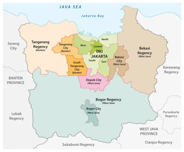 Vector illustration of Administrative vector map of the Jakarta metropolitan area, the most populous metropolitan area in Indonesia