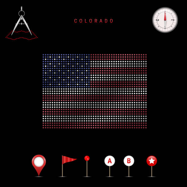 Dotted vector map of Colorado painted in the american flag colors. Waving flag effect. Map tools icon set Dotted map of Colorado painted in the colors of the national flag of the United States. Waving flag effect. Map tools, set of cartographic icons. Vector illustration colorado flag art pictures stock illustrations