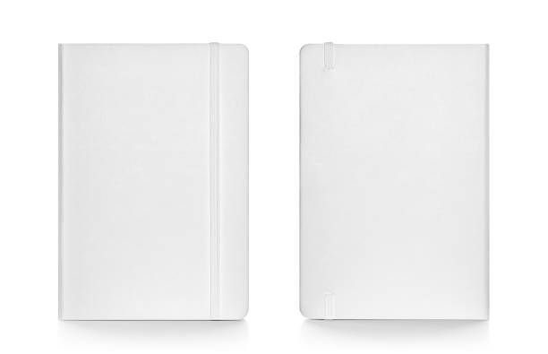 istock White colour leather fabric hardcover notebook with elastic band. Front & back view with notebook closed. Isolated on white background. 1215459270