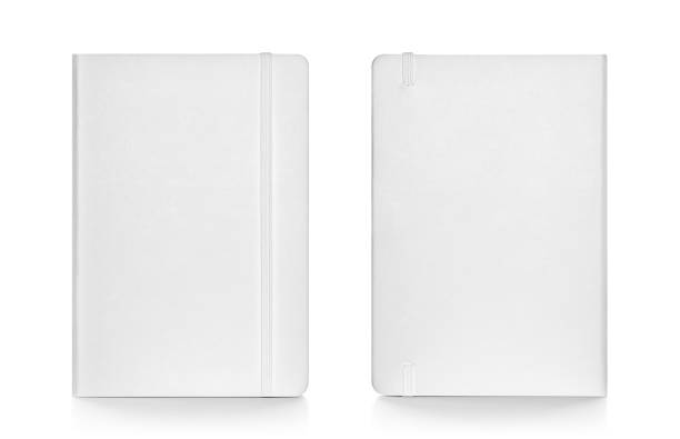 White colour leather fabric hardcover notebook with elastic band. Front & back view with notebook closed. Isolated on white background. For mockup, branding & advertising. No People moleskin stock pictures, royalty-free photos & images