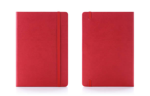 Lush lava red colour leather fabric hardcover notebook with elastic band. Front & back view with notebook closed. Isolated on white background. For mockup, branding & advertising. No people moleskin stock pictures, royalty-free photos & images