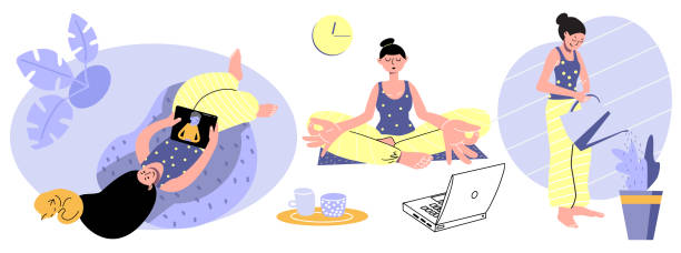Girl spending time in internet, doing yoga online, takes care for houseplants Stay home concept. Girl spending time in internet, doing yoga online, takes care for houseplants. Self isolation, quarantine due to coronavirus. Set of vector flat design illustration of home activities pajamas illustrations stock illustrations