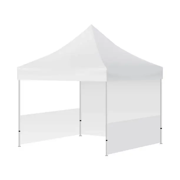 Vector illustration of Display tent mockup with two walls isolated on white background - half side view