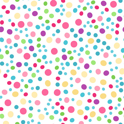 Vector seamless pattern with colorful circles. Great for fabrics, baby clothes, wrapping papers, covers. Hand drawn illustration on white background.