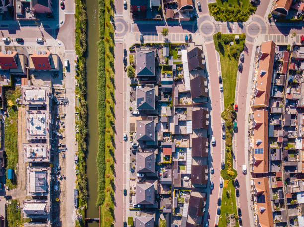Top view of house Village from Drone capture in the air house is brown roof top Urk netherlands Flevoland Top view of house Village from Drone capture in the air house is brown roof top Urk netherlands Flevoland during summer flevoland photos stock pictures, royalty-free photos & images