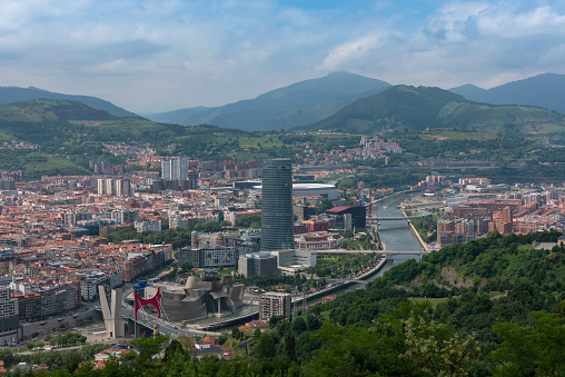 bilbao, spain, july 29, 2018: View of the Bilbao skyline and Nervion River, from Etxebarria Park