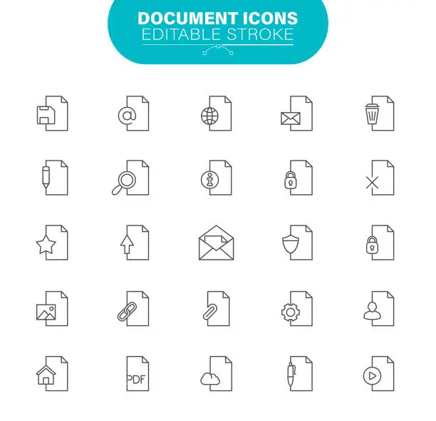 Vector illustration of Document Line Icons Editable Stroke. Contains such icon as File, Communication, Resume, File Search, illustration