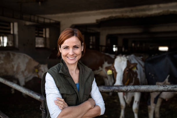 istock Woman worker standing on diary farm, agriculture industry. 1215466587