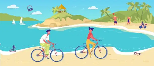 Vector illustration of Man Woman Cycling in Tropical Sand Beach Resort