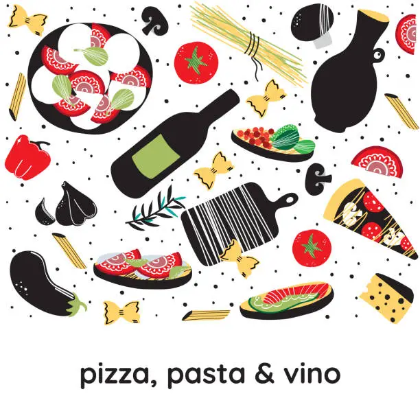 Vector illustration of pizza pasta and vino