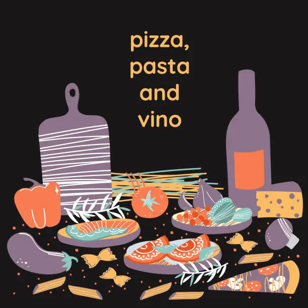 Vector illustration of pizza pasta and vino34