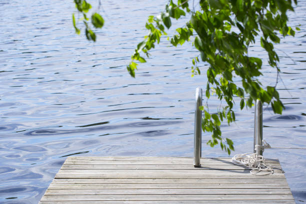Wooden walkway jetty pier with railing for swimming in lake in Finland