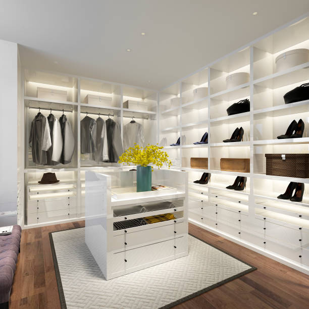 istock 3d rendering minimal white scandinavian wood walk in closet with wardrobe 1215467704