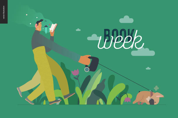 World Book Day, grass World Book Day graphics, dog walk template, book week events. Modern flat vector concept illustrations of reading people -a young man reading a book with enthusiasm, walking a bulldog pulling a leash bulldog reading stock illustrations