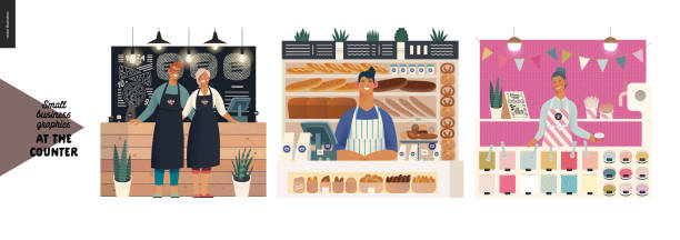 Counters - small business graphics Counters -small business graphics. Modern flat vector concept illustrations -set of counters - pizza house, bakery, froxen yoghurt bar. Owners or vendors wearing apron at the counter small business illustrations stock illustrations