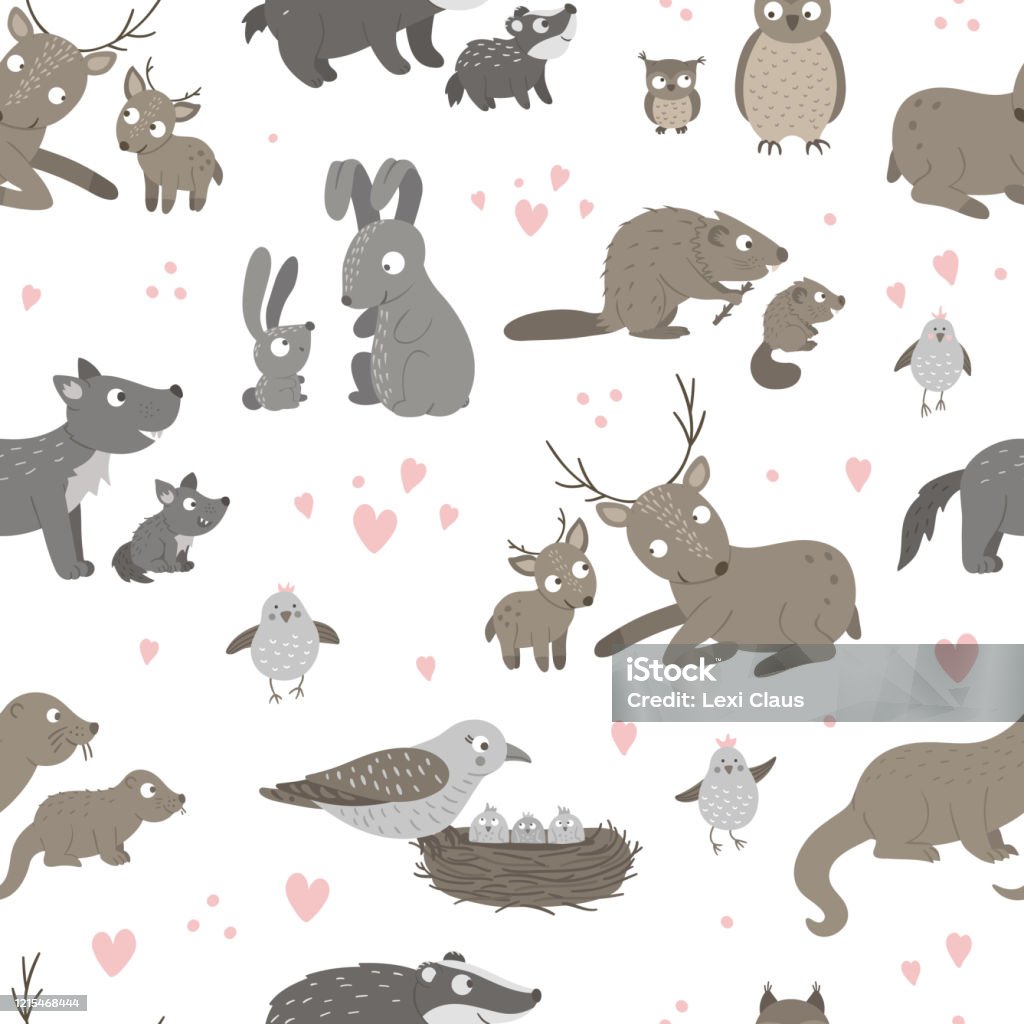 Vector Seamless Pattern With Baby Animals And Their Parents Funny Woodland  Animal Background Showing Family Love Cute Forest Animalistic Texture For  Motherâs Day Design Stock Illustration - Download Image Now - iStock