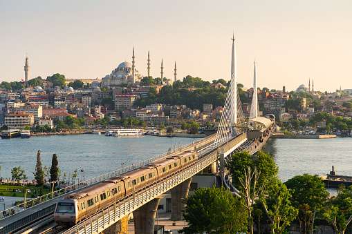 Metro bridge in Istanbul at sunset in summer season, Istanbul, Tukey, Europe