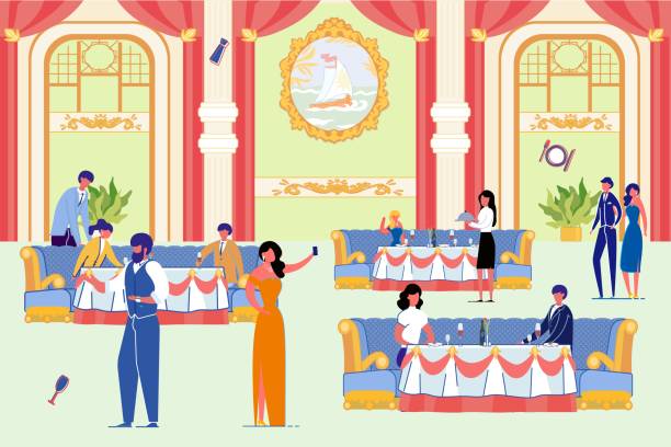 People in Luxury Restaurant with Elegant Interior People in Luxurious Restaurant with Elegant Interior. Man and Woman Sit on Couch, Drink Wine. Waiter Serve Delicious Meal on Table. Celebrity Party Presentation Vector Illustration indoors bar restaurant sofa stock illustrations