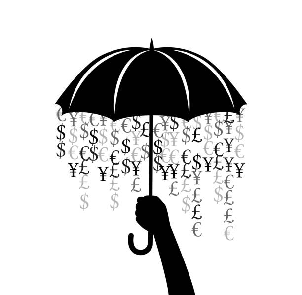 illustrations, cliparts, dessins animés et icônes de parapluie avec la pluie des monnaies. décoration vectorielle à partir d’éléments dispersés. silhouette isolée monochrome. illustration conceptuelle. - security umbrella rain currency