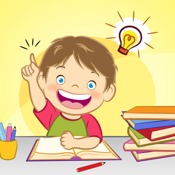 ilustraciones, imágenes clip art, dibujos animados e iconos de stock de niño con bombilla de luz de la idea - little boys measuring expressing positivity intelligence