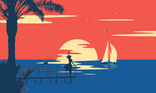 mädchen auf dem seeweg 2 - silhouette nautical vessel sea morning stock-grafiken, -clipart, -cartoons und -symbole