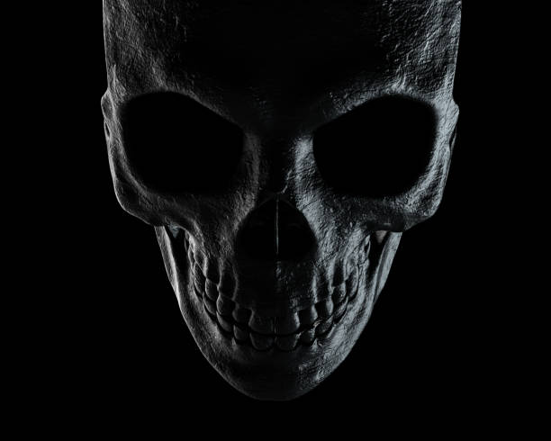 istock Frightening human Skull emerging from darkness. Horror, death and Halloween black background. 3d rendering. 1215472769