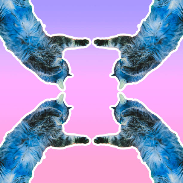 Creative art collage. Four carved blue cats reach out to touch each other. Gradient background. Alien concept of friendship.