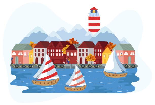 ilustrações de stock, clip art, desenhos animados e ícones de in cartoon style set of lighthouses, northern houses and characters_sim2 - cruise travel beach bay