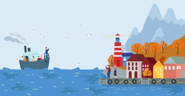 łódź z ludźmi przybywa do skandynawskiego nadmorskiego miasteczka, ilustracja wektorowa - cruise travel beach bay stock illustrations