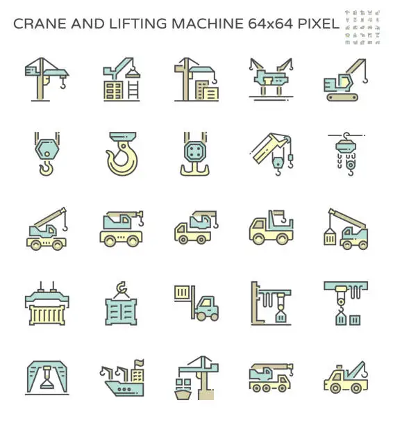 Vector illustration of Crane and lifting machine icon set, 64x64 pixel perfect and editable stroke.