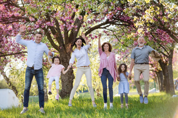 istock Three generation family on a walk outside in spring nature, jumping. 1215474646