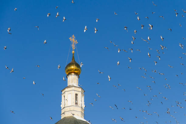 All Saints Cathedral. Goritsky Assumption Monastery. Pereslavl-Zalessky, Russia. Dramatic sky with copy space for text