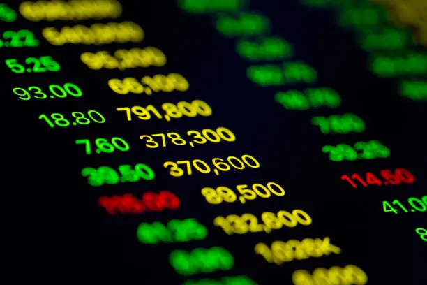 Photo of Close up shot on digital screen data value of stock market change and volatility prices profit or loss