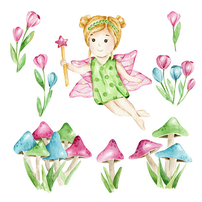 Hand drawn watercolor Fairy girl, magic mushrooms and flowers. Pink, blue, green colors, cartoon character