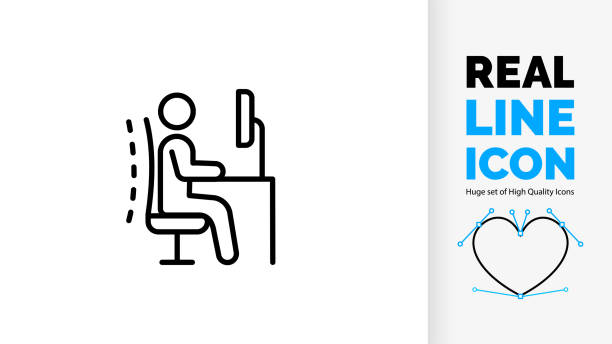 Editable real line icon of a ergonomic work chair with correct stick figure posture line icon of ergonomic office chair posture proper employee back body position for spine and neck care human stickman or stick figure pose on adjustable desk as black light stroke vector ergonomics stock illustrations