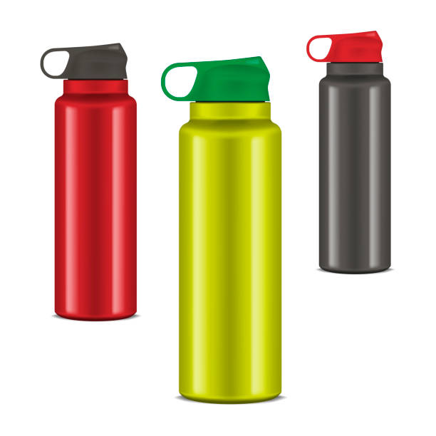 istock Insulated water bottle with carry handle, realistic vector illustration. Stainless steel flask. Color set. Easy to recolor 1215483437