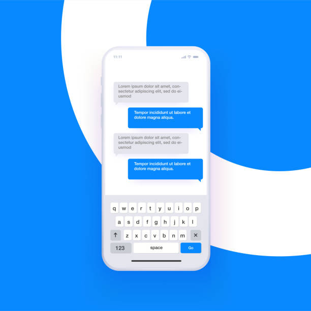 Realistic vector smartphone mockup with opened qwerty typing keyboard and chat simulation. Messaging concept. Vector illustration. Realistic vector smartphone mockup with opened qwerty typing keyboard and chat simulation. Messaging concept. Vector eps 10 illustration. phone text message mockup stock illustrations