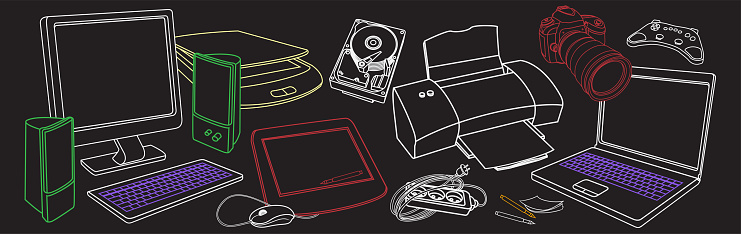 Black background with sketches of computer hardware, accessories and peripherals