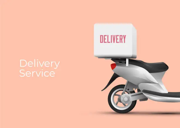 Vector illustration of Delivery service poster banner design concept with back side of scooter with delivery trunk on it. Vector illustration