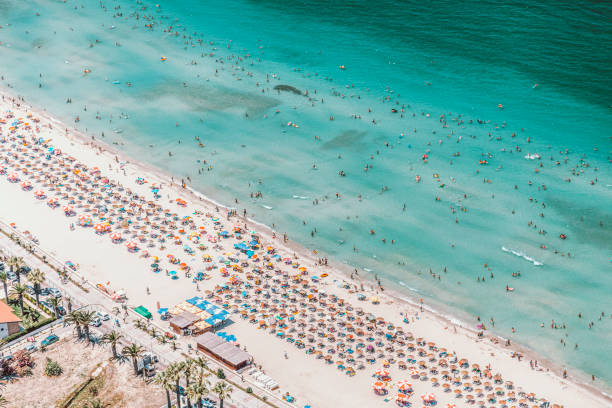 istock aerial aegean beach with sunshades 1215485869