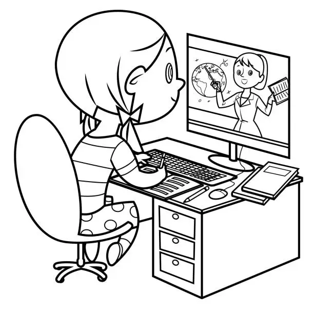 Vector illustration of Coloring Book, Little girl attending to online school class