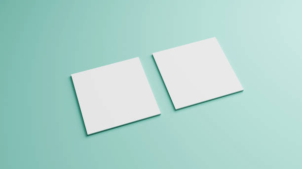istock White square shape business card mockup stacking on green mint pastel color table background. Branding presentation template print. 2.5 x 2.5 inch paper size cover. 3D illustration rendering 1215486935