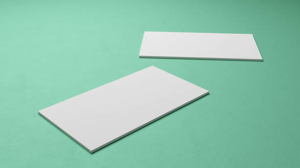 White square shape business card mockup stacking on green mint pastel color table background. Branding presentation template print. 3.5 x 2 inch paper size cover. 3D illustration rendering