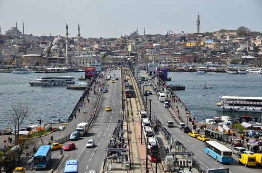 Istanbul, Turkey - April 14, 2012: Symbols of Istanbul like Galata Bridge, mosques and Golden Horn. Photo from Karakoy, Galata province.
