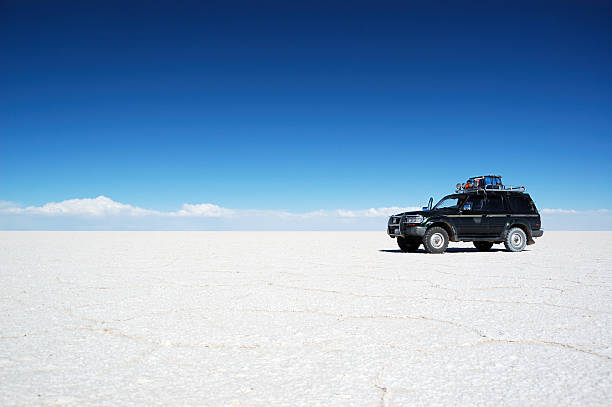 istock Black jeep in white desert 121549034