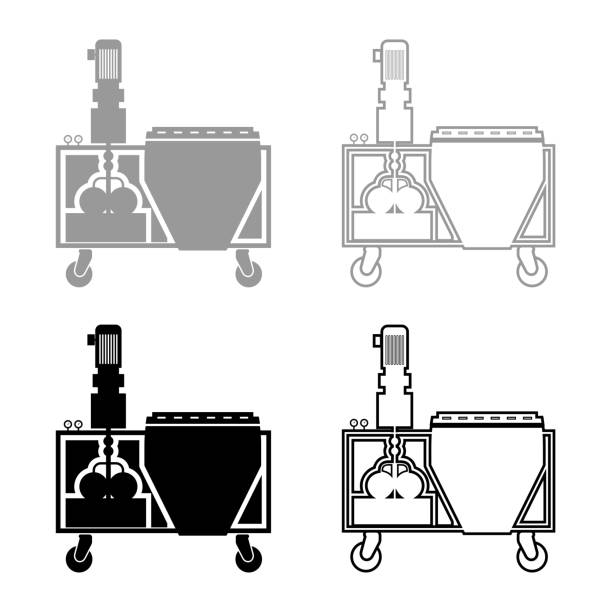 stacja gipsowa maszyna do dekoracji ścian rozwiązanie mieszania ikony konturu zestaw czarny szary kolor wektor ilustracja płaski styl obrazu - plastering station stock illustrations