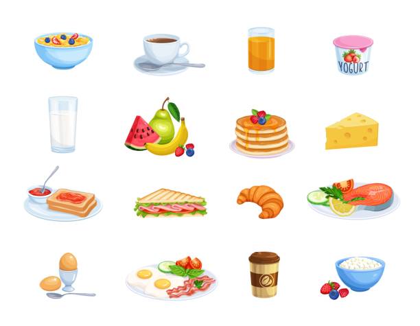 Breakfast icons set Breakfast icons. Milk, coffee cup, juice, fruits, fish, sandwich and fried eggs. Pancakes, toast with jam, croissant, cheese and flakes with milk for design menu cafe. Food concept vector illustration cottage cheese stock illustrations