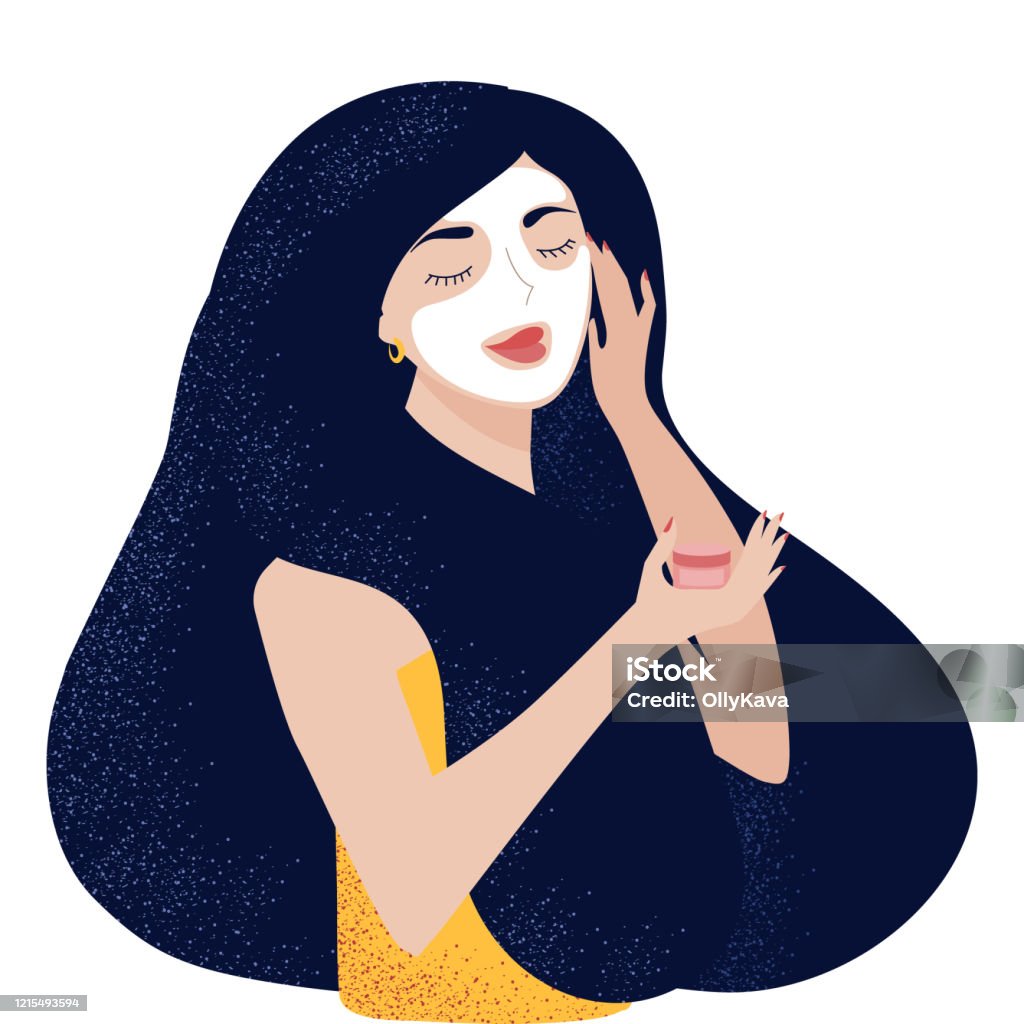 facial treatment mask Wellness, Beauty & Skin Care Concept. Happy woman holding facial cream in her hand and shows her healthy moisturized skin. Girl with white facial mask on her face. Illustration stock vector